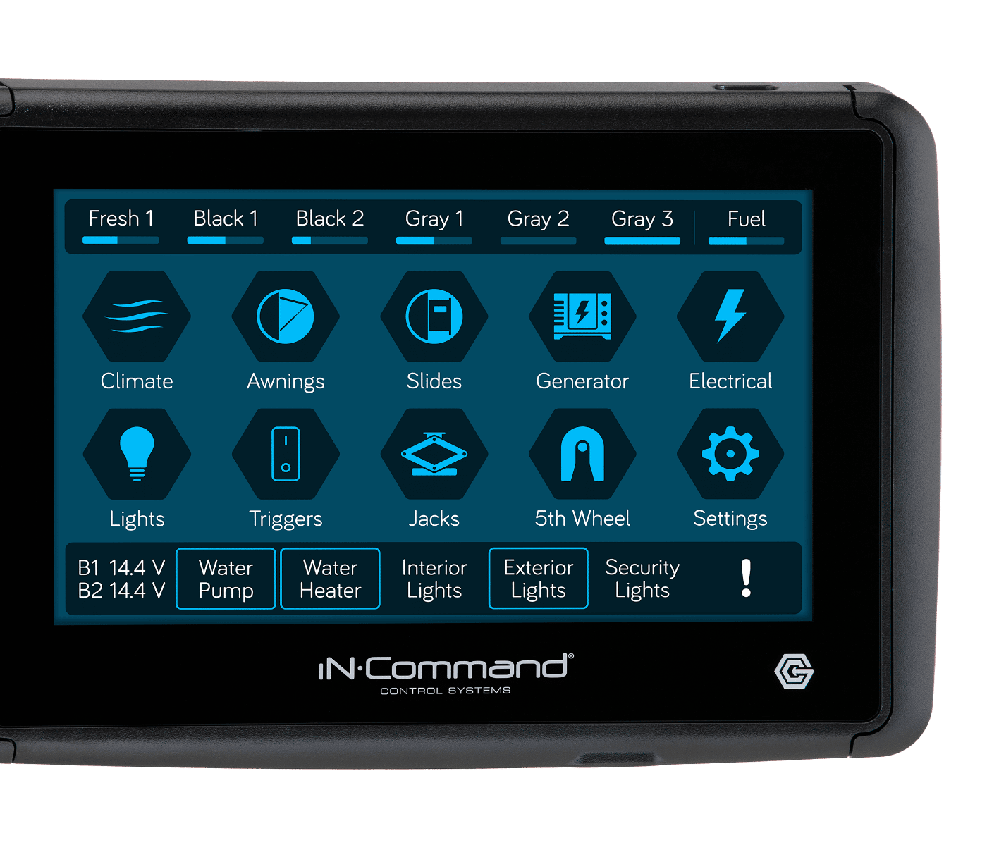 7" Touchscreen Display showing the iN·Command® system dashboard. 7" Touchscreen Display showing the iN·Command® system dashboard.